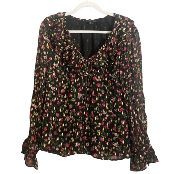 J. Crew Ruffle Neck Top in Midnight Vintage Floral Gold Metallic Size S - Picture 4 of 12